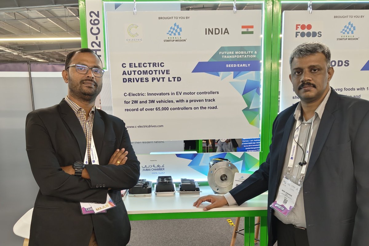 The C-Electric stand in the Kerala Startup Mission pavilion in Dubai, with controllers and a motor on display