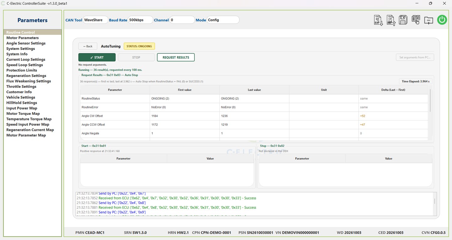 Auto-tuning routine running with a live result table