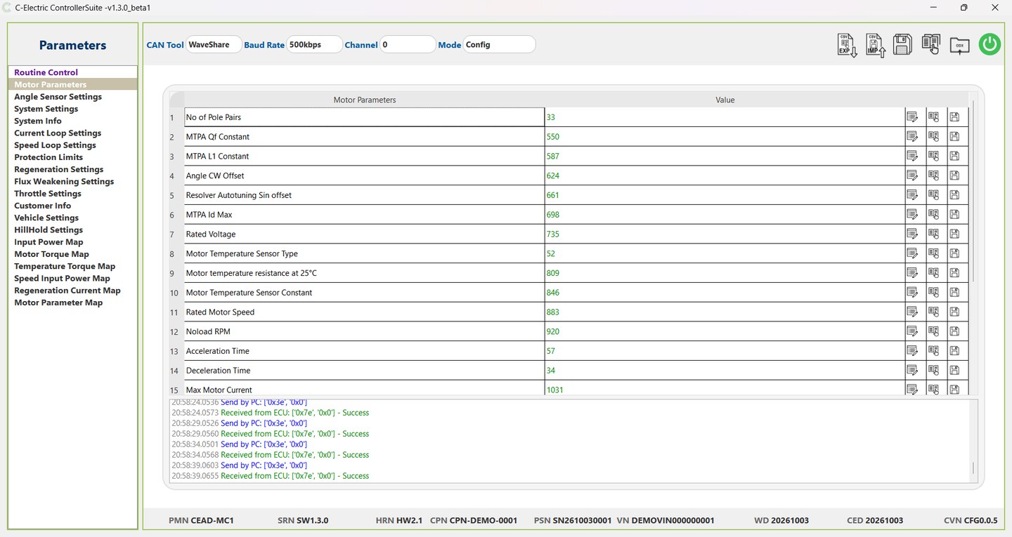 Controller Suite showing motor parameters in configuration mode