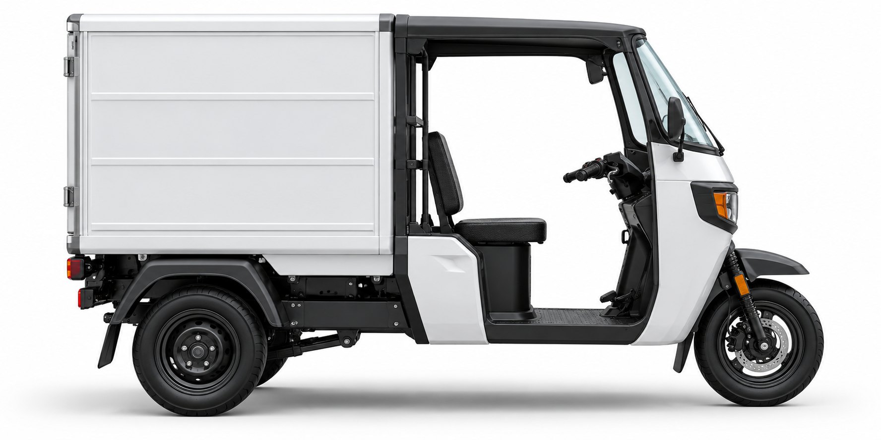 An electric cargo three-wheeler in side view